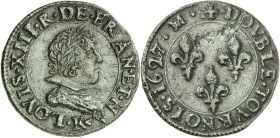 FRANCE / CAPÉTIENS - FRANCE / ROYAL
Louis XIII (1610-1643). Double tournois, 7e type 1627, K, Bordeaux.
Av. LOVIS. XIII. R. DE. FRAN. ET. NA. Buste ...