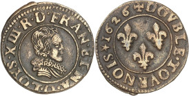 FRANCE / CAPÉTIENS - FRANCE / ROYAL
Louis XIII (1610-1643). Double tournois, 4e type 1626, O, Riom.
Av. LOYS. XIII. R. D. FRAN. ET. NA. Buste cuiras...