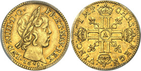 FRANCE / CAPÉTIENS - FRANCE / ROYAL
Louis XIV (1643-1715). Demi-louis d’or à la mèche courte 1645, A, Paris.
Av. LVD. XIIII. D. G. FR. ET. NAV. REX....