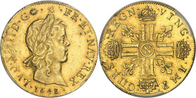 FRANCE / CAPÉTIENS - FRANCE / ROYAL
Louis XIV (1643-1715). Double louis d’or à la mèche longue 1648, N, Montpellier.
Av. LVD. XIIII. D. G (différent...