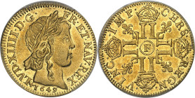 FRANCE / CAPÉTIENS - FRANCE / ROYAL
Louis XIV (1643-1715). Louis d’or à la mèche longue 1649, F, Angers.
Av. (différent) LVD. XIIII. D. G. - FR. ET....