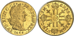 FRANCE / CAPÉTIENS - FRANCE / ROYAL
Louis XIV (1643-1715). Louis d’or juvénile lauré 1666, D, Lyon.
Av. LVD. XIIII. D. G (différent) - (différent) F...