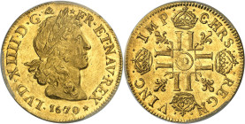 FRANCE / CAPÉTIENS - FRANCE / ROYAL
Louis XIV (1643-1715). Louis d’or juvénile lauré 1670/69, D, Lyon.
Av. LVD. XIIII. D. G (différents) - (différen...