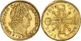 FRANCE / CAPÉTIENS - FRANCE / ROYAL
Louis XIV (1643-1715). Louis aux huit L et aux insignes, flan neuf 1702, S, Reims.
Av. LVD. XIIII. D. G (soleil)...