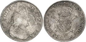 FRANCE / CAPÉTIENS - FRANCE / ROYAL
Louis XIV (1643-1715). Écu de Flandre aux insignes 1702, W, Lille.
Av. LVD. XIIII. D. G. (soleil) FR. ET. NAV. R...