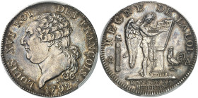 FRANCE / CAPÉTIENS - FRANCE / ROYAL
Constitution (1791-1792). Demi-écu de 3 livres FRANÇOIS 1792, 2d semestre - An 4, A, Paris.
Av. LOUIS XVI ROI DE...