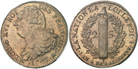 FRANCE / CAPÉTIENS - FRANCE / ROYAL
Constitution (1791-1792). 2 sols FRANÇOIS 1792 - An 4, A, Paris.
Av. LOUIS XVI ROI DES FRANCOIS. Buste à gauche ...