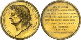FRANCE / CAPÉTIENS - FRANCE / ROYAL
Constitution (1791-1792). Essai d'hommage à Mirabeau, en bronze doré, Frappe spéciale (SP) 1791, Paris.
Av. LE D...
