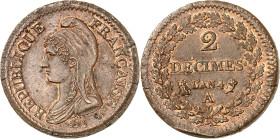 FRANCE - FRANCE
Directoire (1795-1799). 2 décimes Dupré An 4 (1795), A, Paris.
Av. REPUBLIQUE FRANÇAISE.*. Buste de la République à gauche, coiffée ...