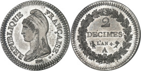 FRANCE - FRANCE
Directoire (1795-1799). Essai de 2 décimes Dupré sur flan en étain, tranche lisse, Frappe spéciale (SP) An 4 (1795), frappe postérieu...