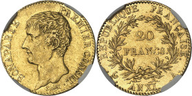 FRANCE - FRANCE
Consulat (1799-1804). 20 francs Bonaparte, Premier Consul An XI (1803), A, Paris.
Av. BONAPARTE PREMIER CONSUL. Tête nue à gauche, a...