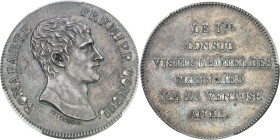 FRANCE - FRANCE
Consulat (1799-1804). Module de 5 francs, visite à la Monnaie de Paris, Frappe spéciale (SP) An XI (1803), Paris.
Av. BONAPARTE PREM...