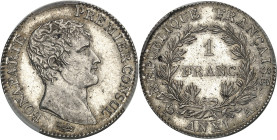 FRANCE - FRANCE
Consulat (1799-1804). 1 franc Bonaparte An XI (1803), A, Paris.
Av. BONAPARTE PREMIER CONSUL. Tête nue à droite, au-dessous signatur...
