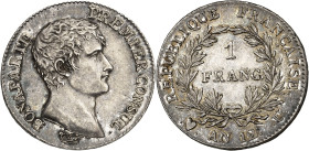 FRANCE - FRANCE
Consulat (1799-1804). 1 franc Bonaparte An 12 (1804), U, Turin.
Av. BONAPARTE PREMIER CONSUL. Tête nue à droite, au-dessous signatur...