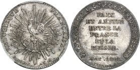 FRANCE - FRANCE
Consulat (1799-1804). Essai monétaire à l’amitié entre la France et la Russie, au module de 2 francs, par Tiolier, Frappe spéciale (S...