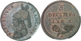 FRANCE - FRANCE
Consulat (1799-1804). Essai de 5 décimes de Lorthior, Frappe spéciale (SP) An 8 (1800), A, Paris.
Av. REPUBLIQUE - FRANCAISE. Buste ...
