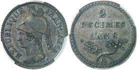 FRANCE - FRANCE
Consulat (1799-1804). Essai de 2 décimes de Lorthior, Frappe spéciale (SP) An 8 (1800), A, Paris.
Av. REPUBLIQUE - FRANCAISE. Buste ...