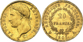 FRANCE - FRANCE
Premier Empire / Napoléon Ier (1804-1814). 20 francs République 1808, A, Paris.
Av. NAPOLEON EMPEREUR. Tête laurée à gauche, signatu...