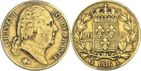 FRANCE - FRANCE
Louis XVIII (1814-1824). 20 francs tête nue 1816, L, Bayonne.
Av. LOUIS XVIII - ROI DE FRANCE. Tête nue de Louis XVIII à droite, au-...