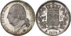 FRANCE - FRANCE
Louis XVIII (1814-1824). 1 franc, aspect Flan bruni (PROOFLIKE) 1824, A, Paris.
Av. LOUIS XVIII ROI DE FRANCE. Tête nue à gauche, au...