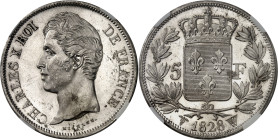 FRANCE - FRANCE
Charles X (1824-1830). 5 francs, 2e type 1828, W, Lille.
Av. CHARLES X ROI DE FRANCE. Tête nue à gauche, au-dessous signature MICHAU...