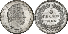 FRANCE - FRANCE
Louis-Philippe Ier (1830-1848). 5 francs, IIe type Domard 1834, T, Nantes.
Av. LOUIS PHILIPPE I ROI DES FRANÇAIS. Tête laurée à droi...