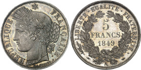 FRANCE - FRANCE
IIe République (1848-1852). 5 francs Cérès 1849, A, Paris.
Av. REPUBLIQUE - FRANÇAISE. Tête de la République à gauche en Cérès, sous...