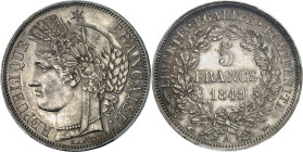 FRANCE - FRANCE
IIe République (1848-1852). 5 francs Cérès 1849, A, Paris.
Av. REPUBLIQUE - FRANÇAISE. Tête de la République à gauche en Cérès, sous...