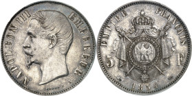 FRANCE - FRANCE
Second Empire / Napoléon III (1852-1870). Essai de 5 francs tête nue, tranche lisse, par Bouvet, Frappe spéciale (SP) 1854, Paris.
A...
