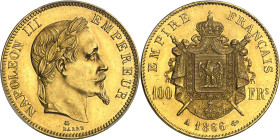 FRANCE - FRANCE
Second Empire / Napoléon III (1852-1870). 100 francs tête laurée 1866, A, Paris.
Av. NAPOLEON III EMPEREUR. Tête laurée à droite, au...