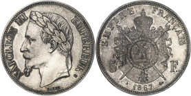 FRANCE - FRANCE
Second Empire / Napoléon III (1852-1870). Essai de 5 francs tête laurée, tranche lisse, Frappe spéciale (SP) 1867, E, Paris.
Av. NAP...