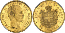 GRÈCE - GREECE
Georges Ier (1863-1913). 50 drachmes Or 1876, A, Paris.
Av. ΓΕΩΡΓΙΟΣ Α! ΒΑΣΙΛΕΥΣ ΤΩΝ ΕΛΛΗΝΩΝ. Tête nue à droite de Georges Ier ; au-d...