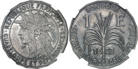 GUADELOUPE - GUADELOUPE
IIIe République (1870-1940). Épreuve en argent de 1 franc, Frappe spéciale (SP) 1903, Paris.
Av. RÉPUBLIQUE FRANÇAISE/ GUADE...