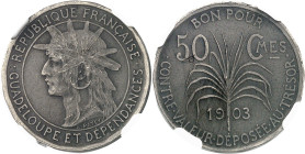 GUADELOUPE - GUADELOUPE
IIIe République (1870-1940). Piéfort de 50 centimes en maillechort, flan mat, frappe médaille, frappe spéciale (SP) 1903, Par...