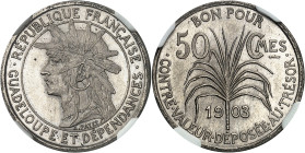 GUADELOUPE - GUADELOUPE
IIIe République (1870-1940). Épreuve de 50 centimes (sans ESSAI), flan rond en argent, Frappe spéciale (SP) 1903, Paris.
Av....