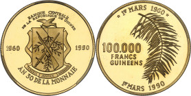 GUINÉE - GUINEA
République de Guinée (depuis 1958). 100.000 francs Or, 30e anniversaire du Franc guinéen, Flan bruni (PROOF) 1990.
Av. BANQUE CENTRA...