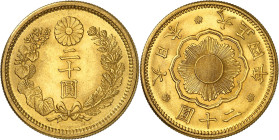 JAPON - JAPAN
Yoshihito (1912-1926). 20 yen An 4 (1915), Osaka.
Av. Dans une couronne formée de deux branches, (valeur) sous une fleur de Chrysanthè...
