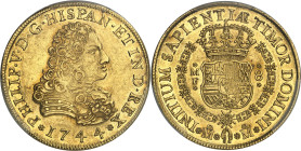 MEXIQUE - MEXICO
Philippe V (1700-1746). 8 escudos 1744, M°, Mexico.
Av. * PHILIP. V. D. G. HISPAN. ET. IND. REX *. Buste cuirassé à droite ; au-des...