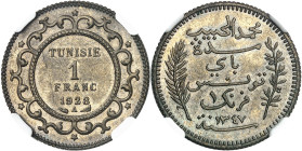TUNISIE - TUNISIA
Mohamed el-Habib, Bey (1922-1929). Épreuve de 1 franc en bronze-aluminium, frappe monnaie 1928 - AH 1347, A, Paris.
Av. Dans une b...