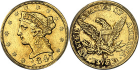 USA - UNITED STATES OF AMERICA
République fédérale des États-Unis d’Amérique (1776-à nos jours). 5 dollars Liberty, sans devise 1847, C, Charlotte.
...