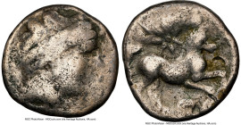 EASTERN EUROPE. Middle Danube. Ca. 3rd century BC. AR drachm (16mm, 10h). NGC VG. Celticized laureate head of Zeus right / Horse galloping right; star...