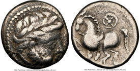 EASTERN EUROPE. Uncertain Celtic Tribe. Ca. 3rd century BC. AR drachm (13mm, 4h). NGC Choice Fine, scratches. Dachreiter type, struck by the Skordoski...