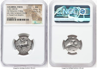 CALABRIA. Tarentum. Ca. 302-280 BC. AR didrachm (21mm, 7.83 gm, 12h). NGC AU 5/5 - 3/5. Dai- and Fi-, magistrates. Helmeted nude warrior on horse rear...