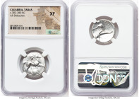 CALABRIA. Tarentum. Ca. 302-280 BC. AR didrachm (22mm, 5h). NGC XF. Cratinus, Ago-, and Xor-, magistrates. Nude youth on horse stepping right, crownin...