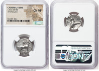 CALABRIA. Tarentum. Ca. 302-280 BC. AR didrachm (21mm, 5h). NGC Choice VF. Arethon, Sa-, and Sas-, magistrates. Nude youth on horseback right, crownin...