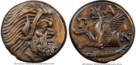 CIMMERIAN BOSPORUS. Panticapaeum. Ca. 4th century BC. AE (20mm, 6.57 gm, 11h). NGC Choice XF 5/5 - 4/5. Head of bearded Pan right / Π-A-N, forepart of...
