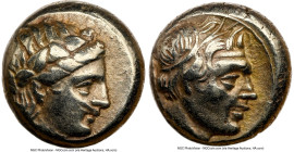 LESBOS. Mytilene. Ca. 377-326 BC. EL sixth-stater or hecte (9mm, 2.54 gm, 12h). NGC Choice VF 4/5 - 4/5. Laureate head of Apollo (Dionysus?) right / W...