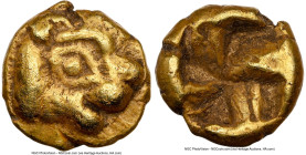 IONIA. Uncertain mint. Ca. 600-550 BC. EL 1/24 stater or myshemihecte (7mm, 0.62 gm). NGC XF 5/5 - 3/5. Head of lion or panther right / Quadripartite ...