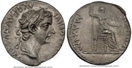 Tiberius (AD 14-37). AR denarius (18mm, 3.65 gm, 5h). NGC AU 4/5 - 2/5. Lugdunum, ca. AD 18-35. TI CAESAR DIVI-AVG F AVGVSTVS, laureate head of Tiberi...