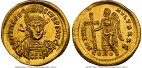 Theodosius II, Eastern Roman Empire (AD 402-450). AV solidus (20mm, 4.46 gm, 6h). NGC MS 5/5 - 2/5, graffito, brushed. Constantinople, 6th officina, A...